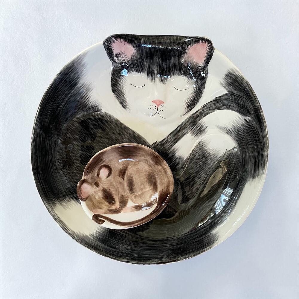VINTAGE Popular Tuxedo Black and White Cat Kitten Chip & Dip Mouse Party Dish